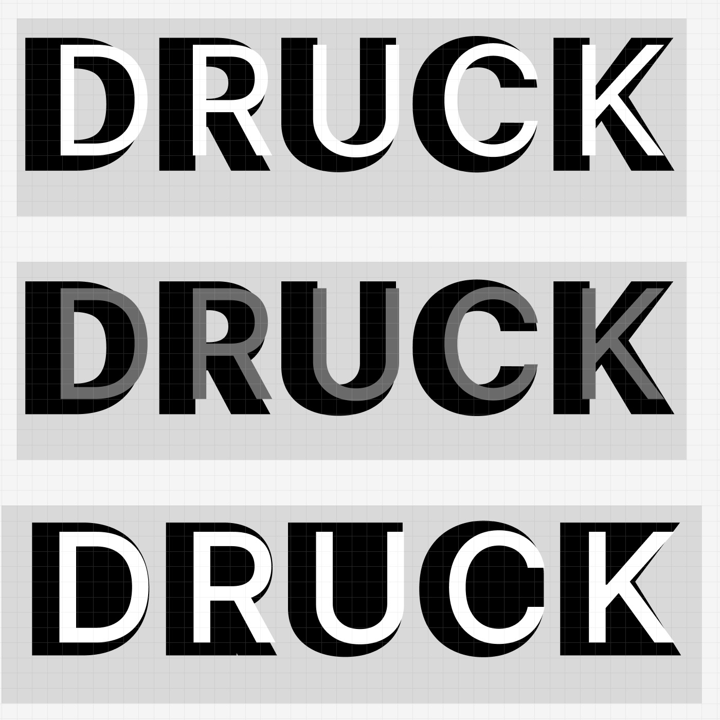Graphic design preview showing three variations of text layering on the word DRUCK