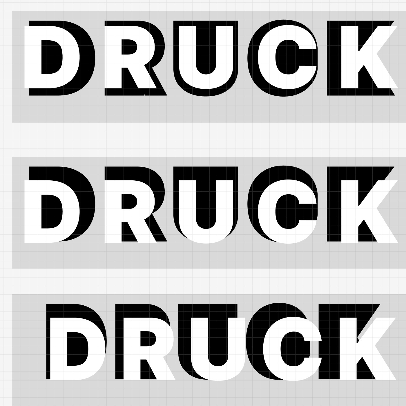 Graphic design preview showing another three variations of text layering on the word DRUCK
